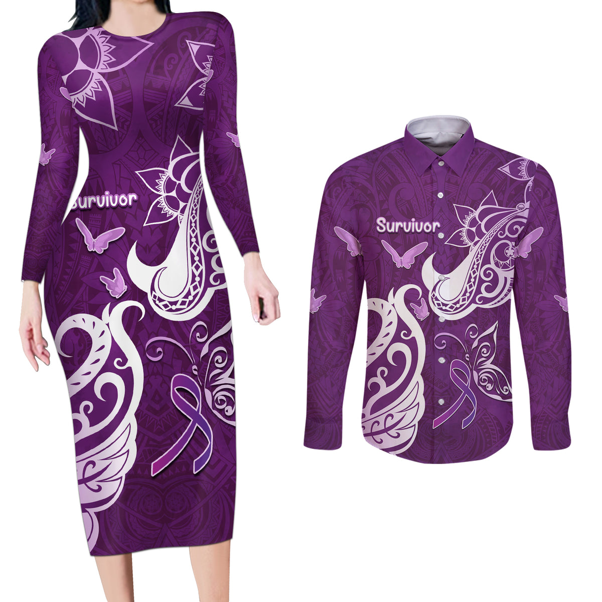 Personalised Fibromyalgia Awareness Couples Matching Long Sleeve Bodycon Dress and Long Sleeve Button Shirt Polynesian Purple Ribbon LT05 Purple - Polynesian Pride