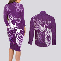Personalised Fibromyalgia Awareness Couples Matching Long Sleeve Bodycon Dress and Long Sleeve Button Shirt Polynesian Purple Ribbon LT05 - Polynesian Pride