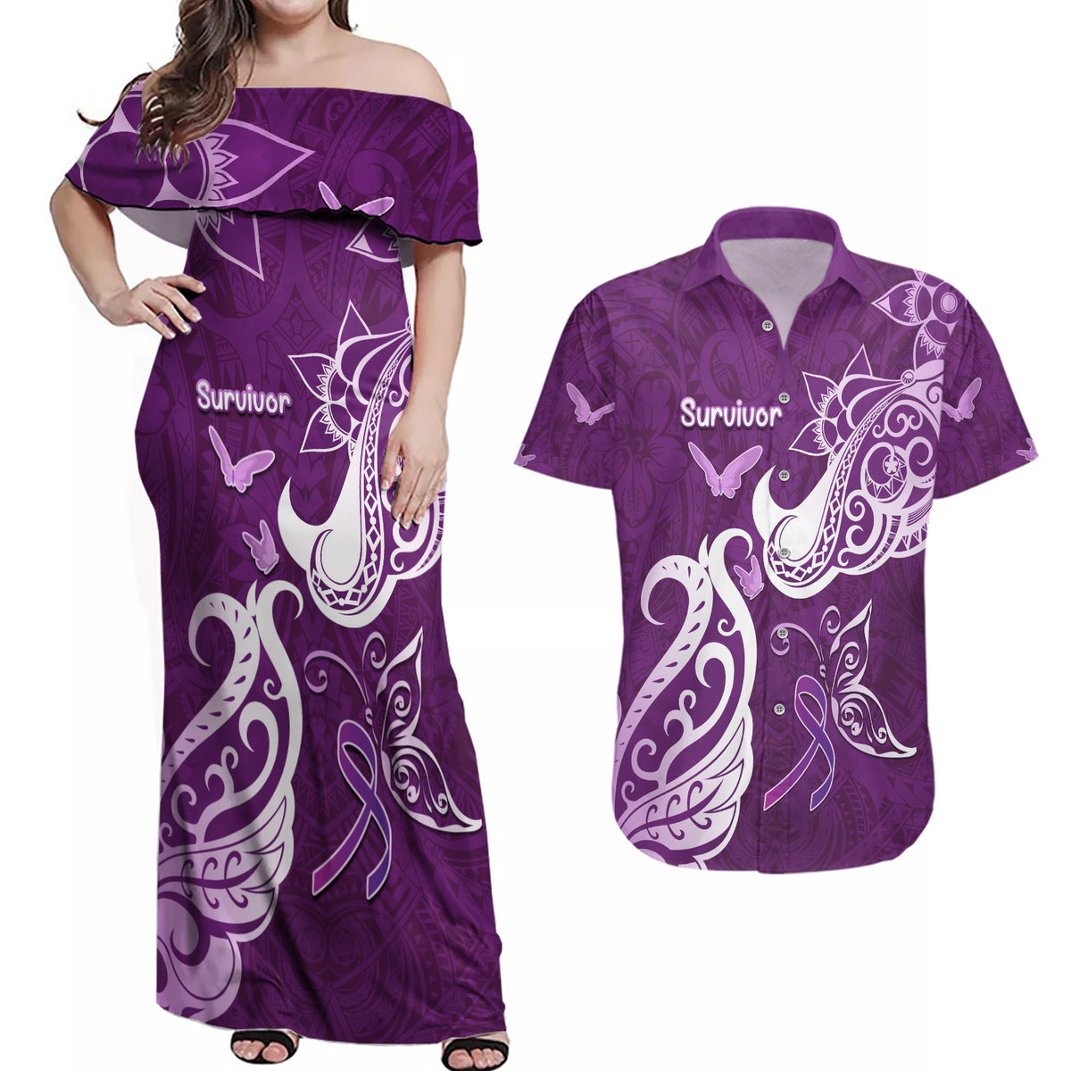 Personalised Fibromyalgia Awareness Couples Matching Off Shoulder Maxi Dress and Hawaiian Shirt Polynesian Purple Ribbon LT05 Purple - Polynesian Pride