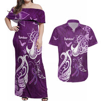 Personalised Fibromyalgia Awareness Couples Matching Off Shoulder Maxi Dress and Hawaiian Shirt Polynesian Purple Ribbon LT05 Purple - Polynesian Pride