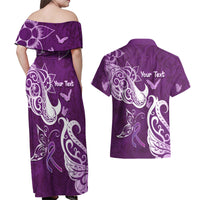 Personalised Fibromyalgia Awareness Couples Matching Off Shoulder Maxi Dress and Hawaiian Shirt Polynesian Purple Ribbon LT05 - Polynesian Pride