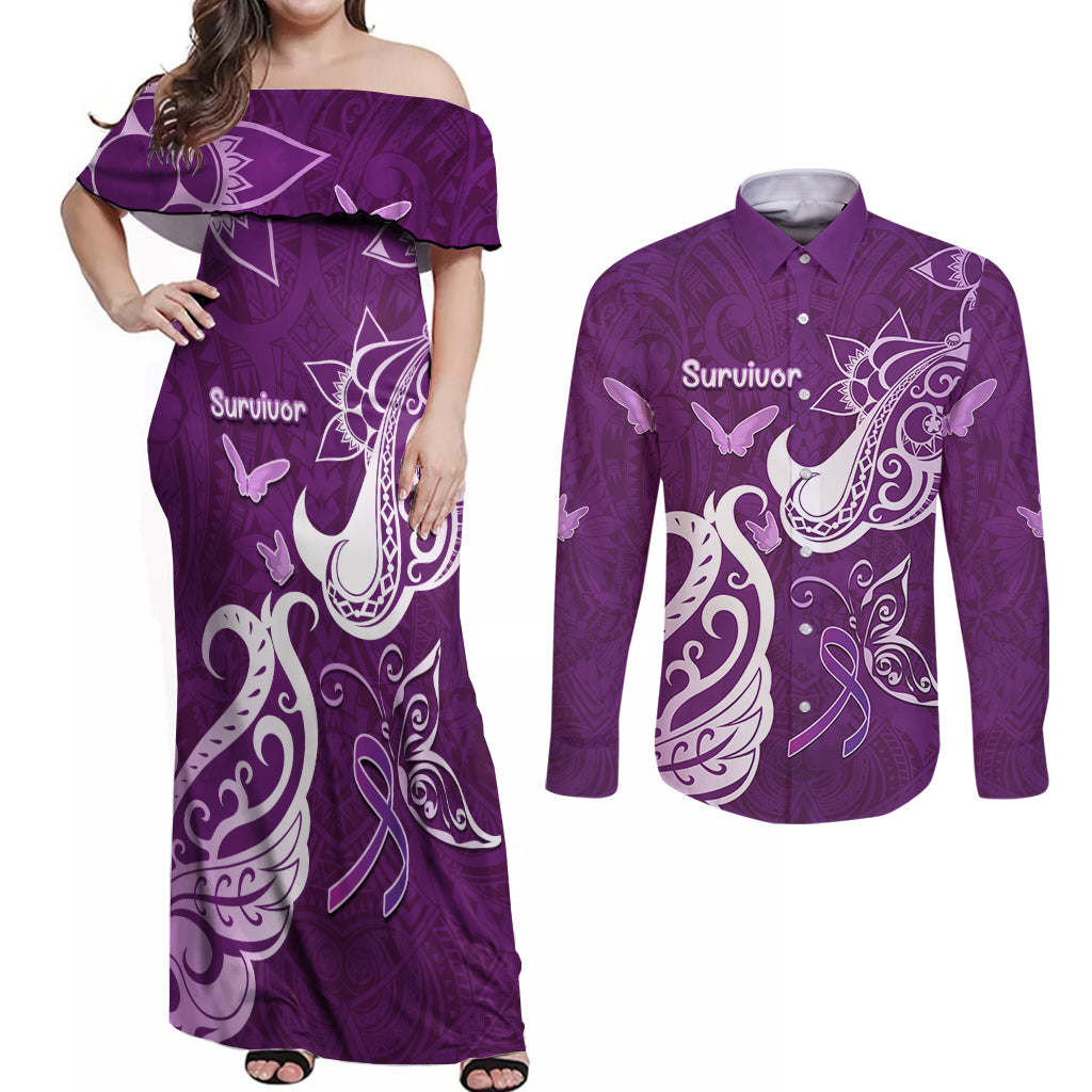 Personalised Fibromyalgia Awareness Couples Matching Off Shoulder Maxi Dress and Long Sleeve Button Shirt Polynesian Purple Ribbon LT05 Purple - Polynesian Pride