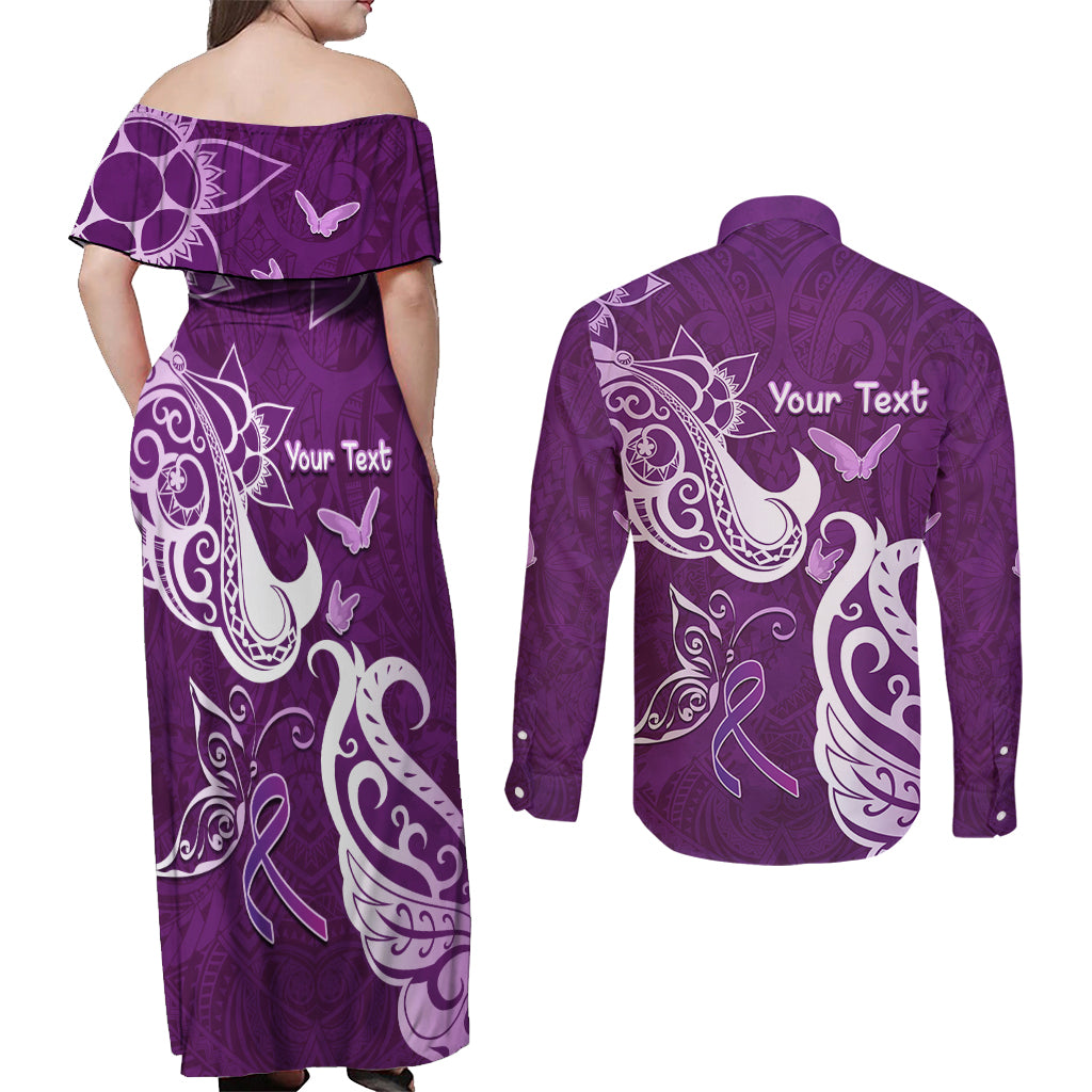 Personalised Fibromyalgia Awareness Couples Matching Off Shoulder Maxi Dress and Long Sleeve Button Shirt Polynesian Purple Ribbon LT05 - Polynesian Pride