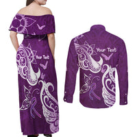 Personalised Fibromyalgia Awareness Couples Matching Off Shoulder Maxi Dress and Long Sleeve Button Shirt Polynesian Purple Ribbon LT05 - Polynesian Pride