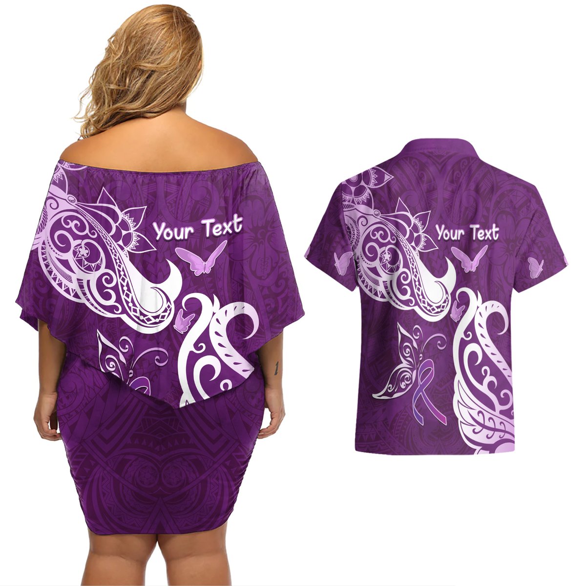 Personalised Fibromyalgia Awareness Couples Matching Off Shoulder Short Dress and Hawaiian Shirt Polynesian Purple Ribbon LT05 - Polynesian Pride