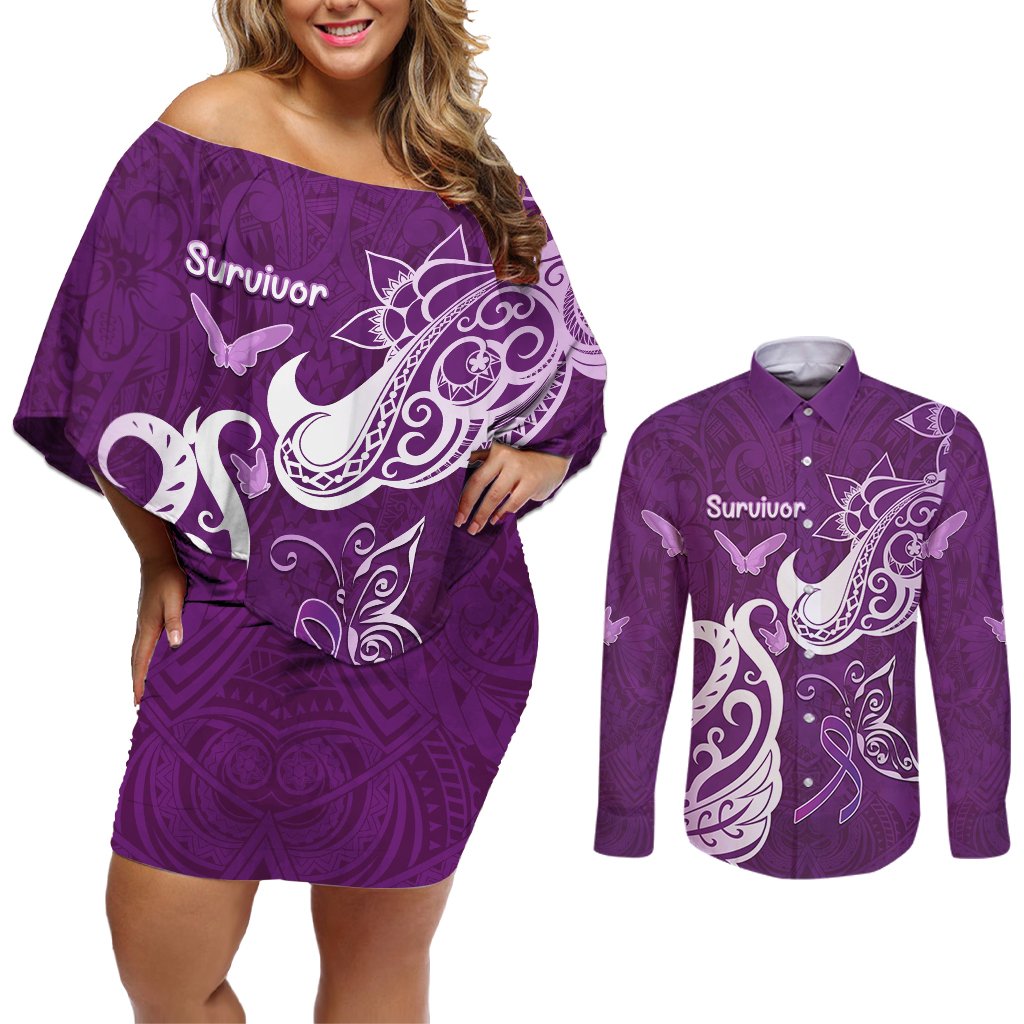 Personalised Fibromyalgia Awareness Couples Matching Off Shoulder Short Dress and Long Sleeve Button Shirt Polynesian Purple Ribbon LT05 Purple - Polynesian Pride