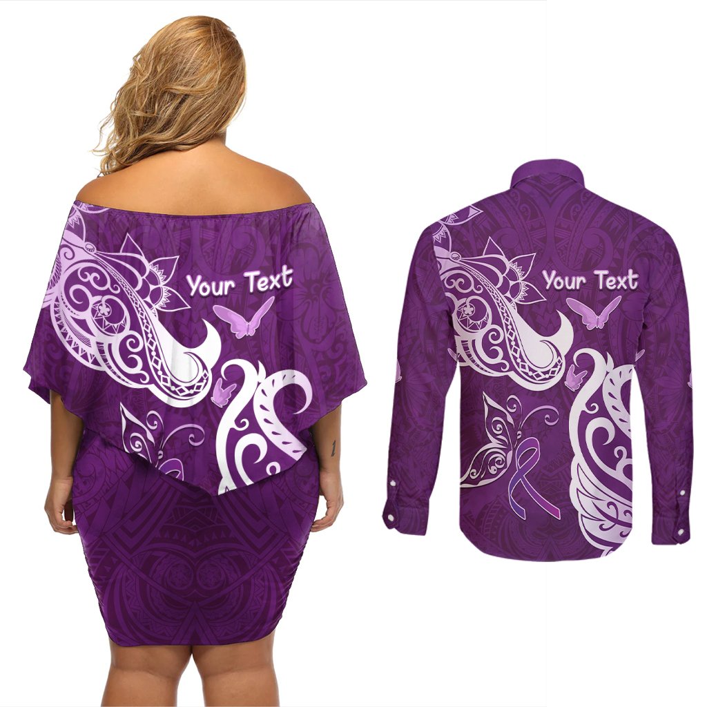 Personalised Fibromyalgia Awareness Couples Matching Off Shoulder Short Dress and Long Sleeve Button Shirt Polynesian Purple Ribbon LT05 - Polynesian Pride