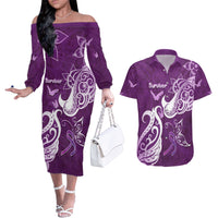 Personalised Fibromyalgia Awareness Couples Matching Off The Shoulder Long Sleeve Dress and Hawaiian Shirt Polynesian Purple Ribbon LT05 Purple - Polynesian Pride