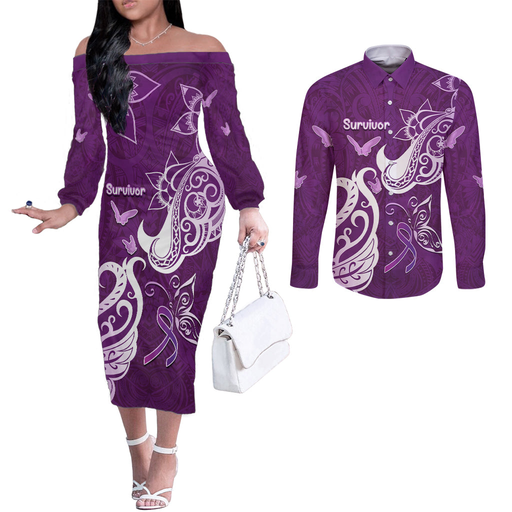 Personalised Fibromyalgia Awareness Couples Matching Off The Shoulder Long Sleeve Dress and Long Sleeve Button Shirt Polynesian Purple Ribbon LT05 Purple - Polynesian Pride