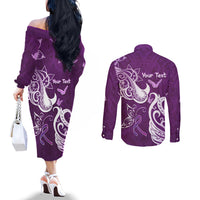 Personalised Fibromyalgia Awareness Couples Matching Off The Shoulder Long Sleeve Dress and Long Sleeve Button Shirt Polynesian Purple Ribbon LT05 - Polynesian Pride
