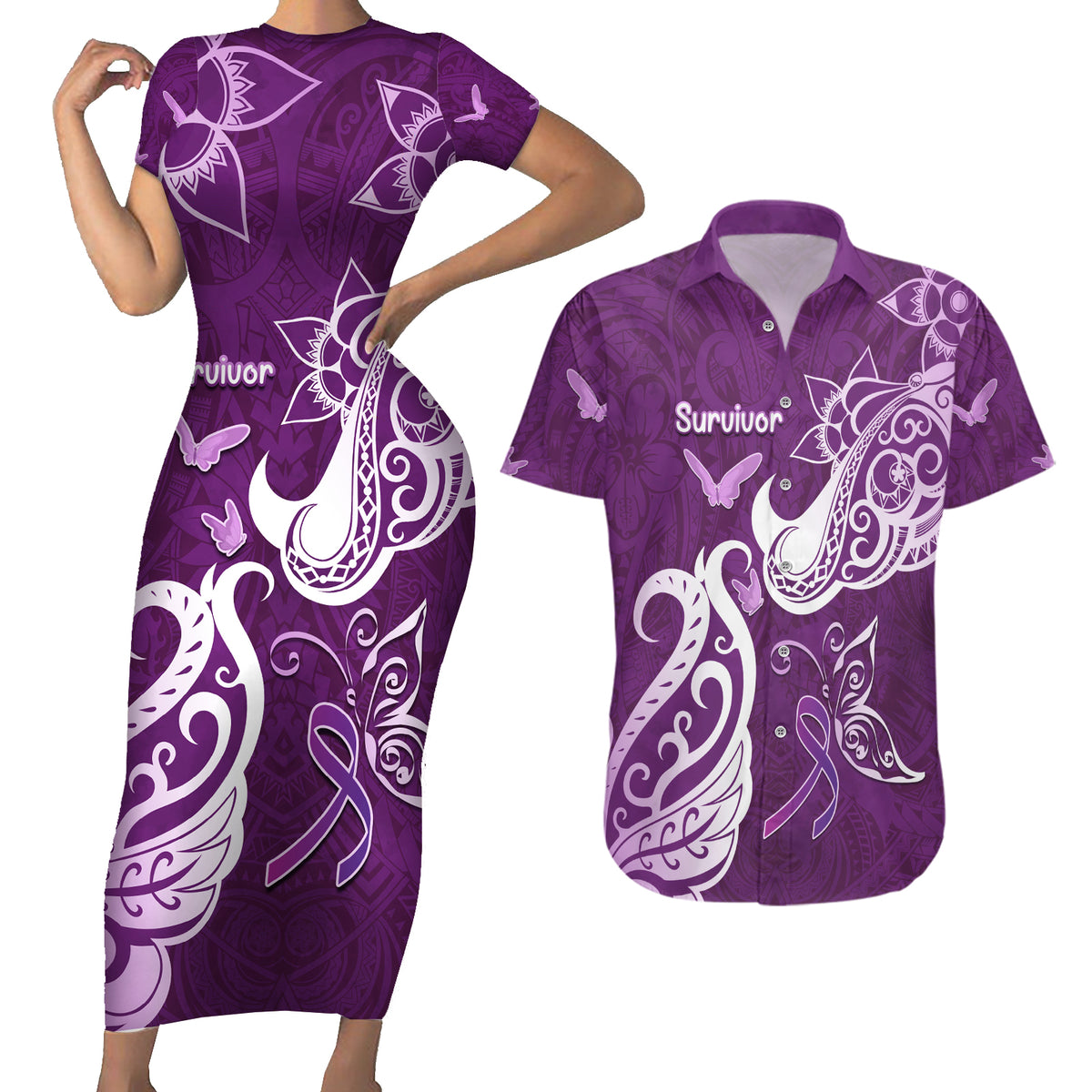 Personalised Fibromyalgia Awareness Couples Matching Short Sleeve Bodycon Dress and Hawaiian Shirt Polynesian Purple Ribbon LT05 Purple - Polynesian Pride