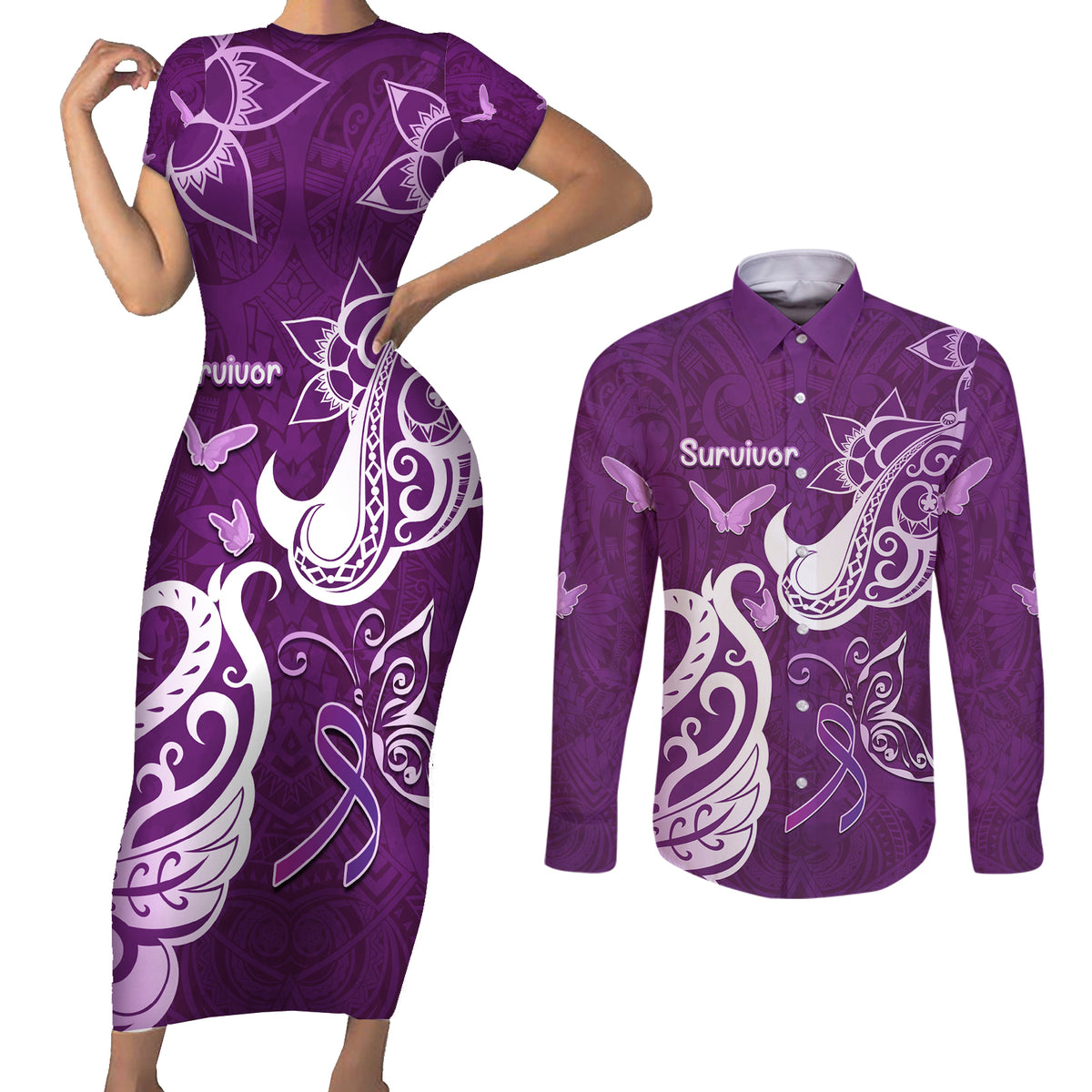 Personalised Fibromyalgia Awareness Couples Matching Short Sleeve Bodycon Dress and Long Sleeve Button Shirt Polynesian Purple Ribbon LT05 Purple - Polynesian Pride