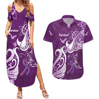 Personalised Fibromyalgia Awareness Couples Matching Summer Maxi Dress and Hawaiian Shirt Polynesian Purple Ribbon LT05 Purple - Polynesian Pride