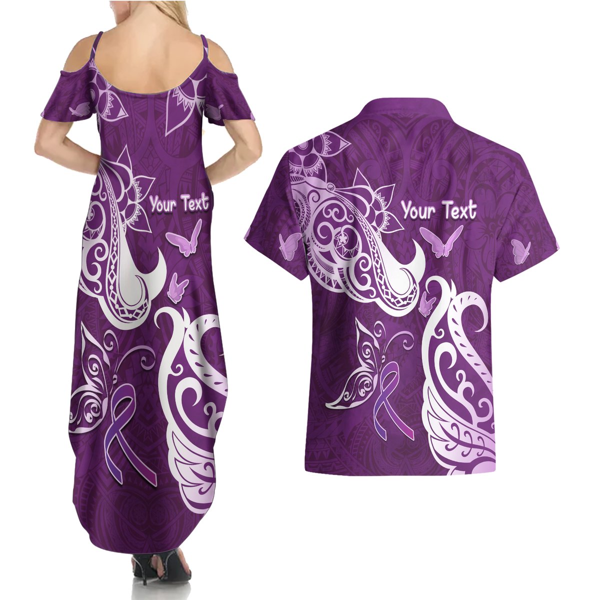 Personalised Fibromyalgia Awareness Couples Matching Summer Maxi Dress and Hawaiian Shirt Polynesian Purple Ribbon LT05 - Polynesian Pride