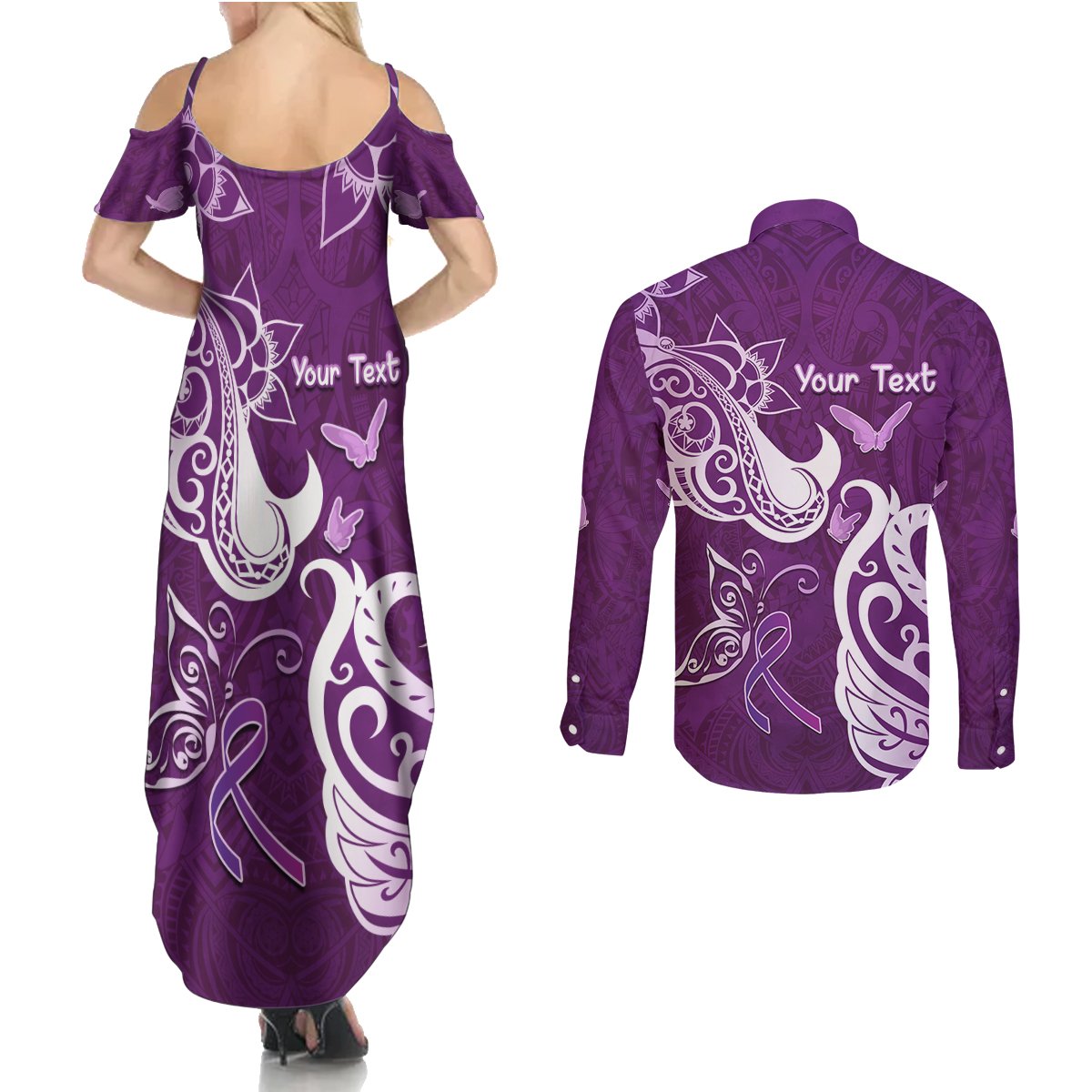 Personalised Fibromyalgia Awareness Couples Matching Summer Maxi Dress and Long Sleeve Button Shirt Polynesian Purple Ribbon LT05 - Polynesian Pride