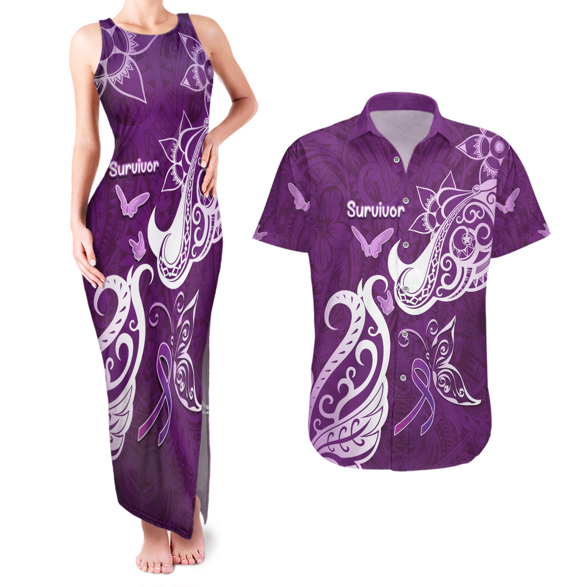 Personalised Fibromyalgia Awareness Couples Matching Tank Maxi Dress and Hawaiian Shirt Polynesian Purple Ribbon LT05 Purple - Polynesian Pride