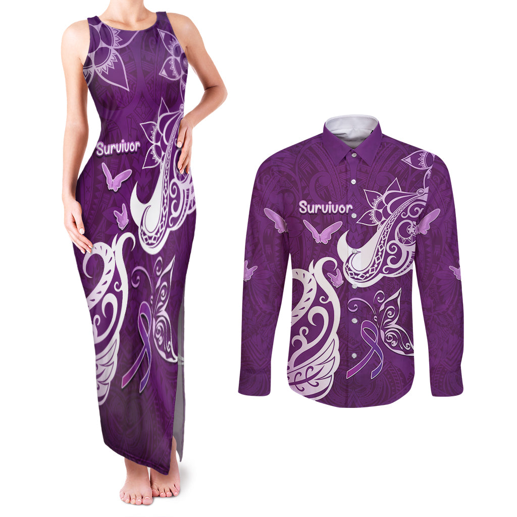 Personalised Fibromyalgia Awareness Couples Matching Tank Maxi Dress and Long Sleeve Button Shirt Polynesian Purple Ribbon LT05 Purple - Polynesian Pride