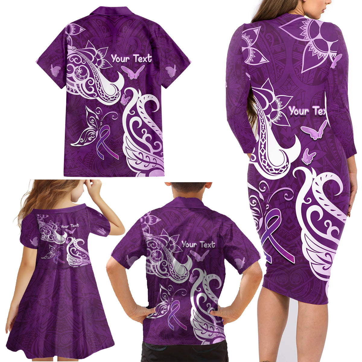 Personalised Fibromyalgia Awareness Family Matching Long Sleeve Bodycon Dress and Hawaiian Shirt Polynesian Purple Ribbon LT05 - Polynesian Pride