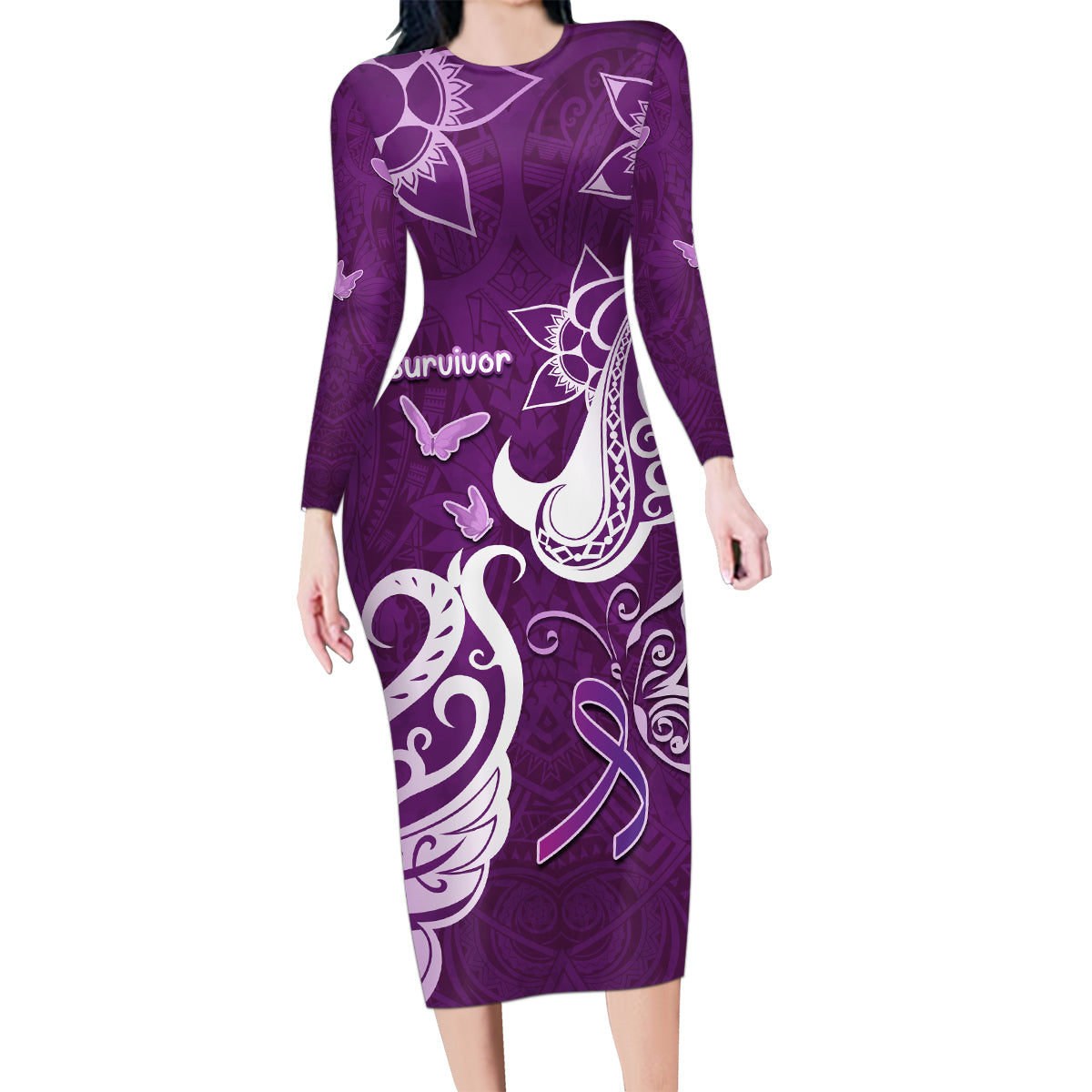 Personalised Fibromyalgia Awareness Family Matching Long Sleeve Bodycon Dress and Hawaiian Shirt Polynesian Purple Ribbon LT05 Mom's Dress Purple - Polynesian Pride