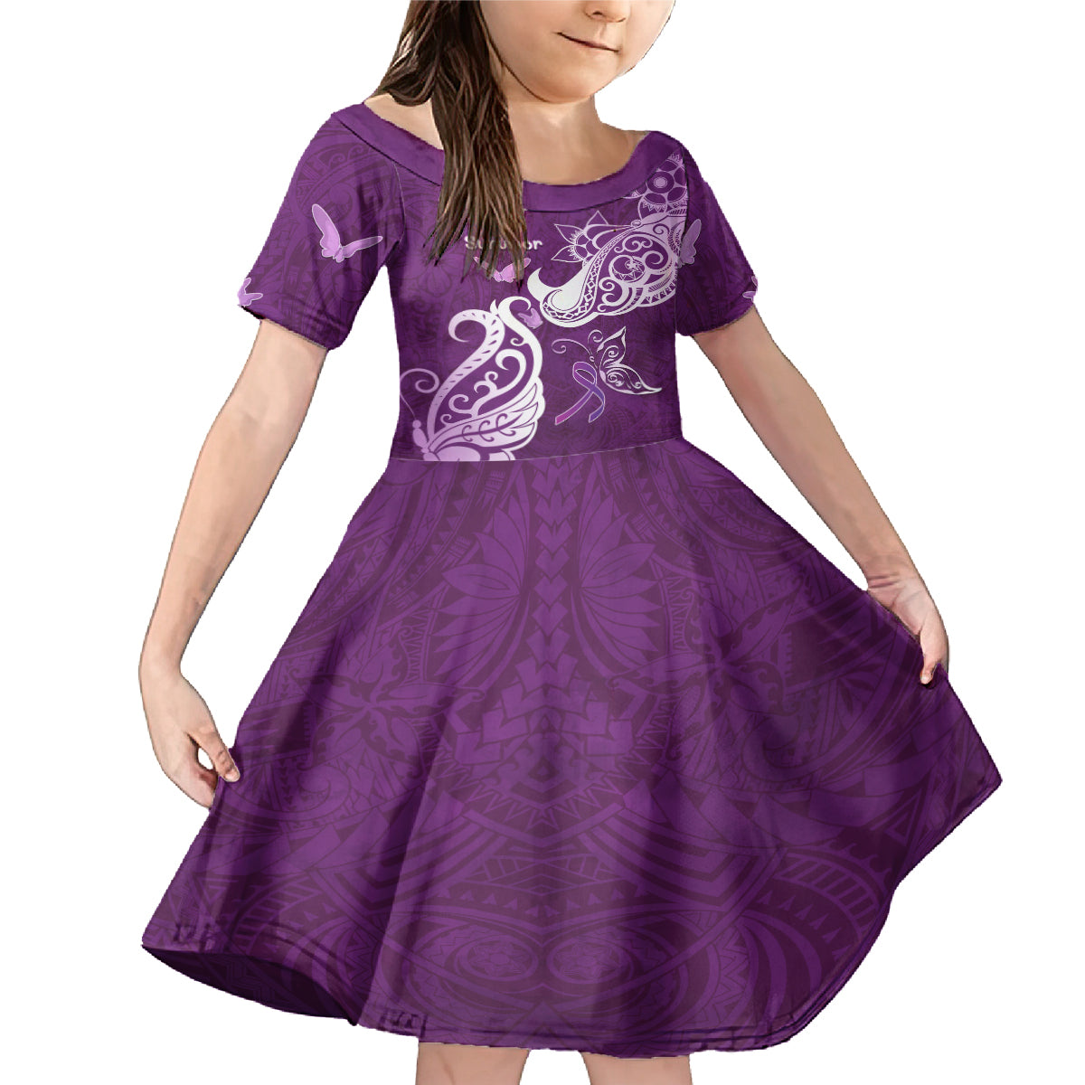 Personalised Fibromyalgia Awareness Family Matching Mermaid Dress and Hawaiian Shirt Polynesian Purple Ribbon LT05 Daughter's Dress Purple - Polynesian Pride