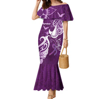 Personalised Fibromyalgia Awareness Family Matching Mermaid Dress and Hawaiian Shirt Polynesian Purple Ribbon LT05 Mom's Dress Purple - Polynesian Pride