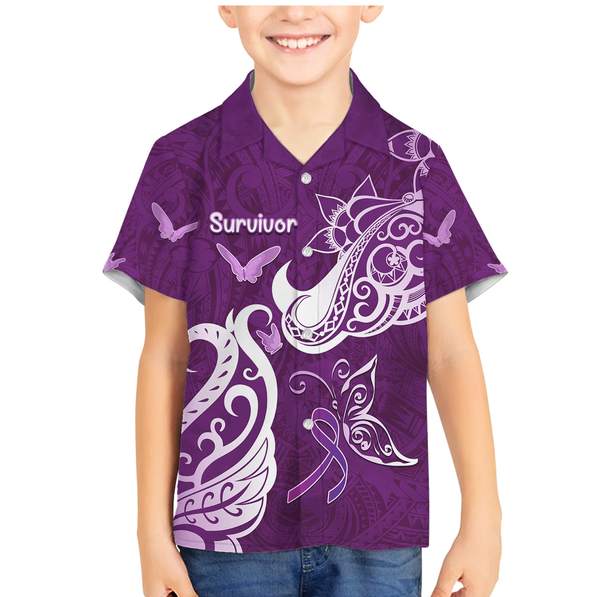 Personalised Fibromyalgia Awareness Family Matching Mermaid Dress and Hawaiian Shirt Polynesian Purple Ribbon LT05 Son's Shirt Purple - Polynesian Pride