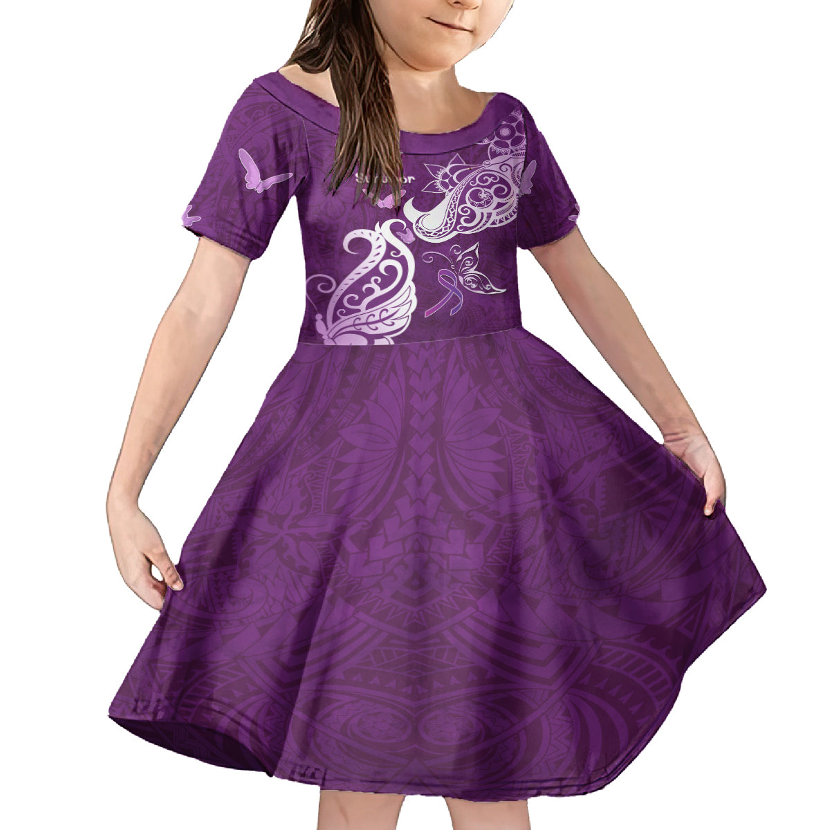 Personalised Fibromyalgia Awareness Family Matching Off The Shoulder Long Sleeve Dress and Hawaiian Shirt Polynesian Purple Ribbon LT05 Daughter's Dress Purple - Polynesian Pride