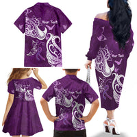 Personalised Fibromyalgia Awareness Family Matching Off The Shoulder Long Sleeve Dress and Hawaiian Shirt Polynesian Purple Ribbon LT05 - Polynesian Pride