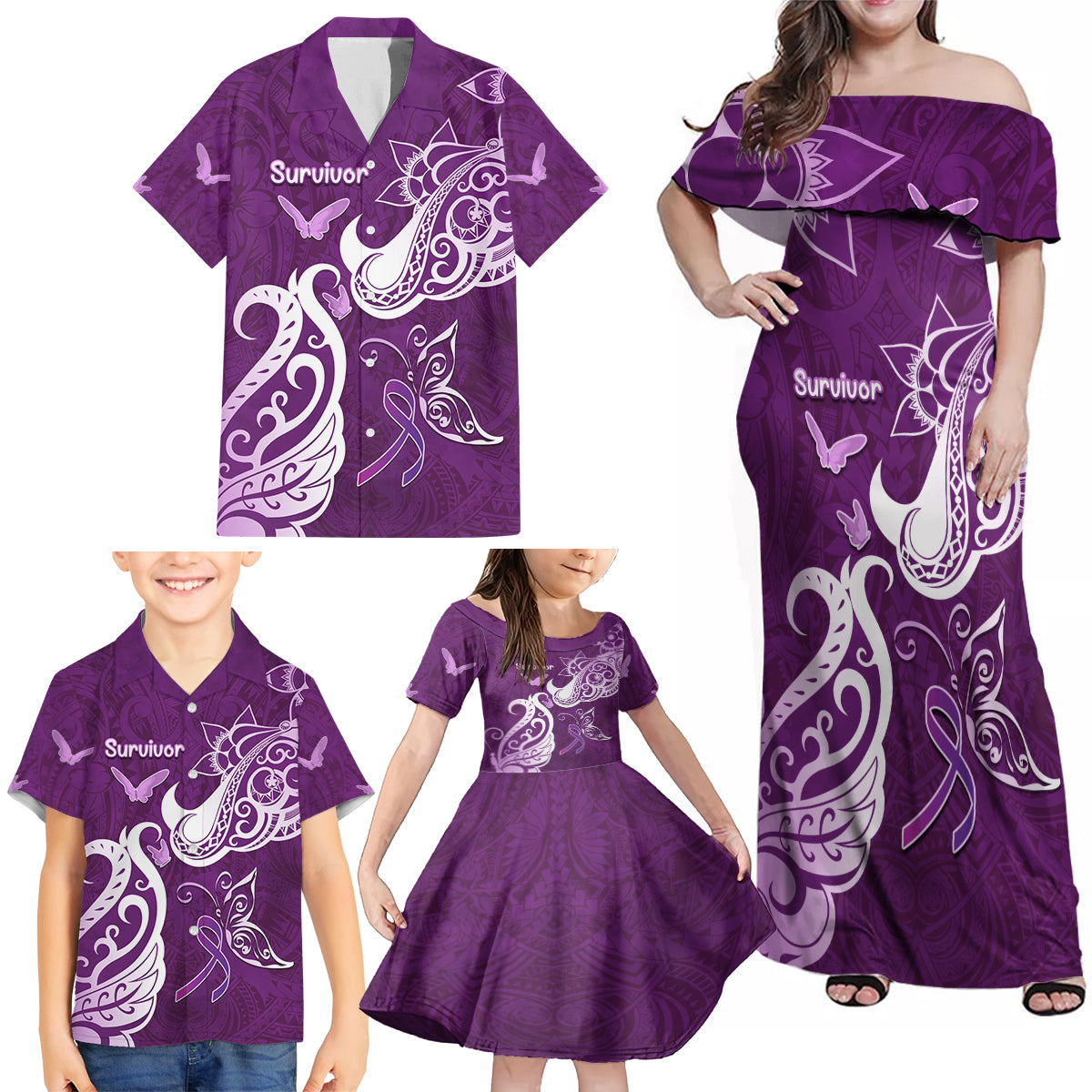 Personalised Fibromyalgia Awareness Family Matching Off Shoulder Maxi Dress and Hawaiian Shirt Polynesian Purple Ribbon LT05 - Polynesian Pride