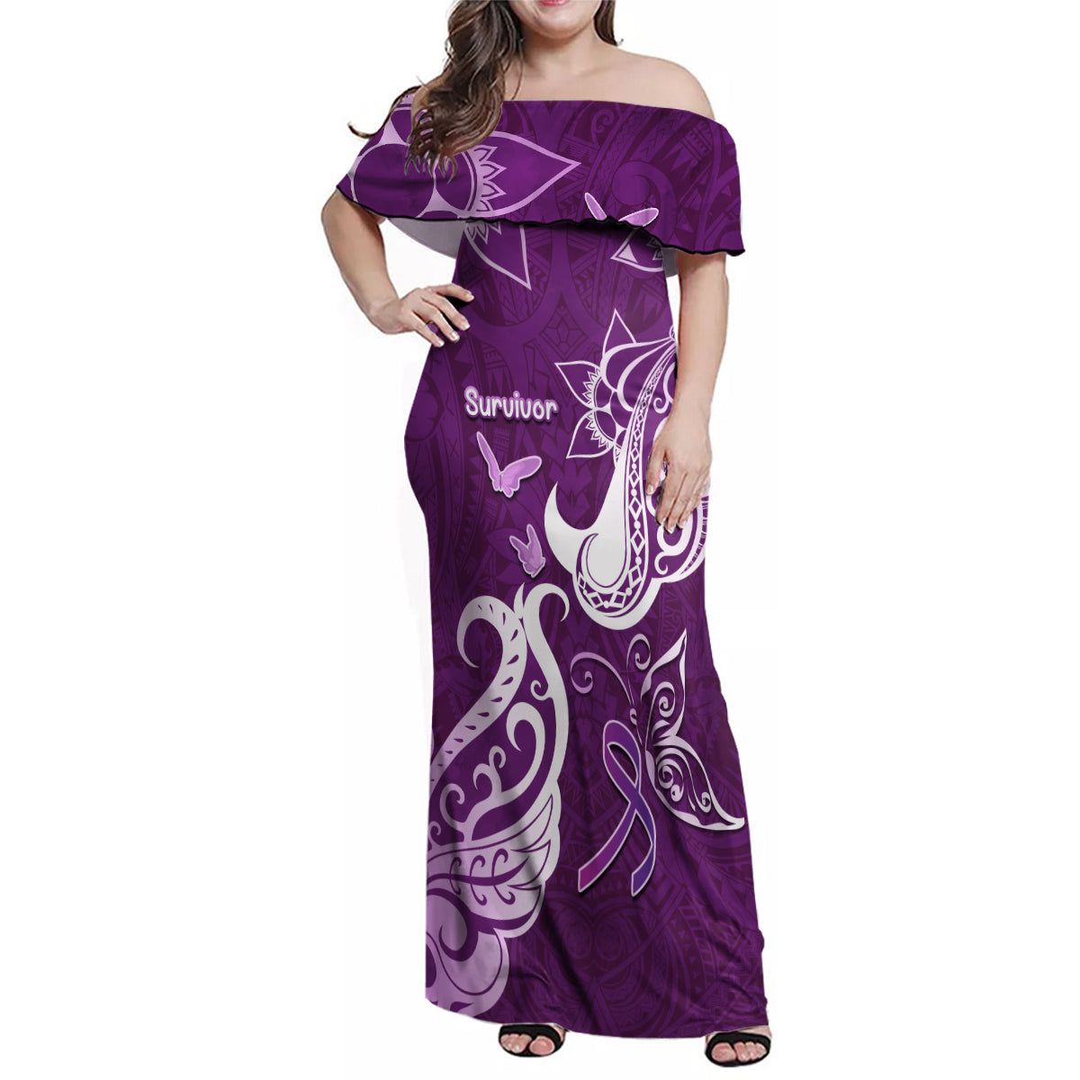 Personalised Fibromyalgia Awareness Family Matching Off Shoulder Maxi Dress and Hawaiian Shirt Polynesian Purple Ribbon LT05 Mom's Dress Purple - Polynesian Pride