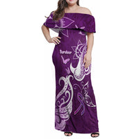 Personalised Fibromyalgia Awareness Family Matching Off Shoulder Maxi Dress and Hawaiian Shirt Polynesian Purple Ribbon LT05 Mom's Dress Purple - Polynesian Pride