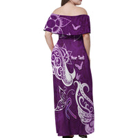 Personalised Fibromyalgia Awareness Family Matching Off Shoulder Maxi Dress and Hawaiian Shirt Polynesian Purple Ribbon LT05 - Polynesian Pride