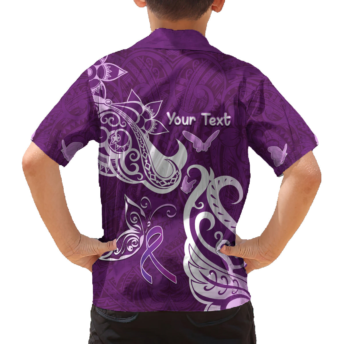 Personalised Fibromyalgia Awareness Family Matching Off Shoulder Short Dress and Hawaiian Shirt Polynesian Purple Ribbon LT05 - Polynesian Pride