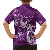 Personalised Fibromyalgia Awareness Family Matching Off Shoulder Short Dress and Hawaiian Shirt Polynesian Purple Ribbon LT05 - Polynesian Pride