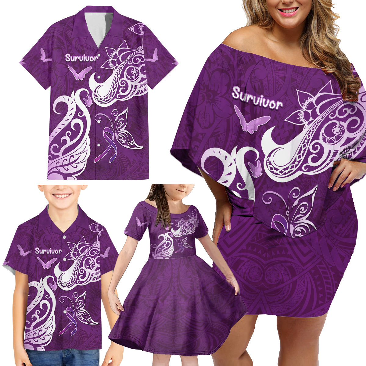 Personalised Fibromyalgia Awareness Family Matching Off Shoulder Short Dress and Hawaiian Shirt Polynesian Purple Ribbon LT05 - Polynesian Pride