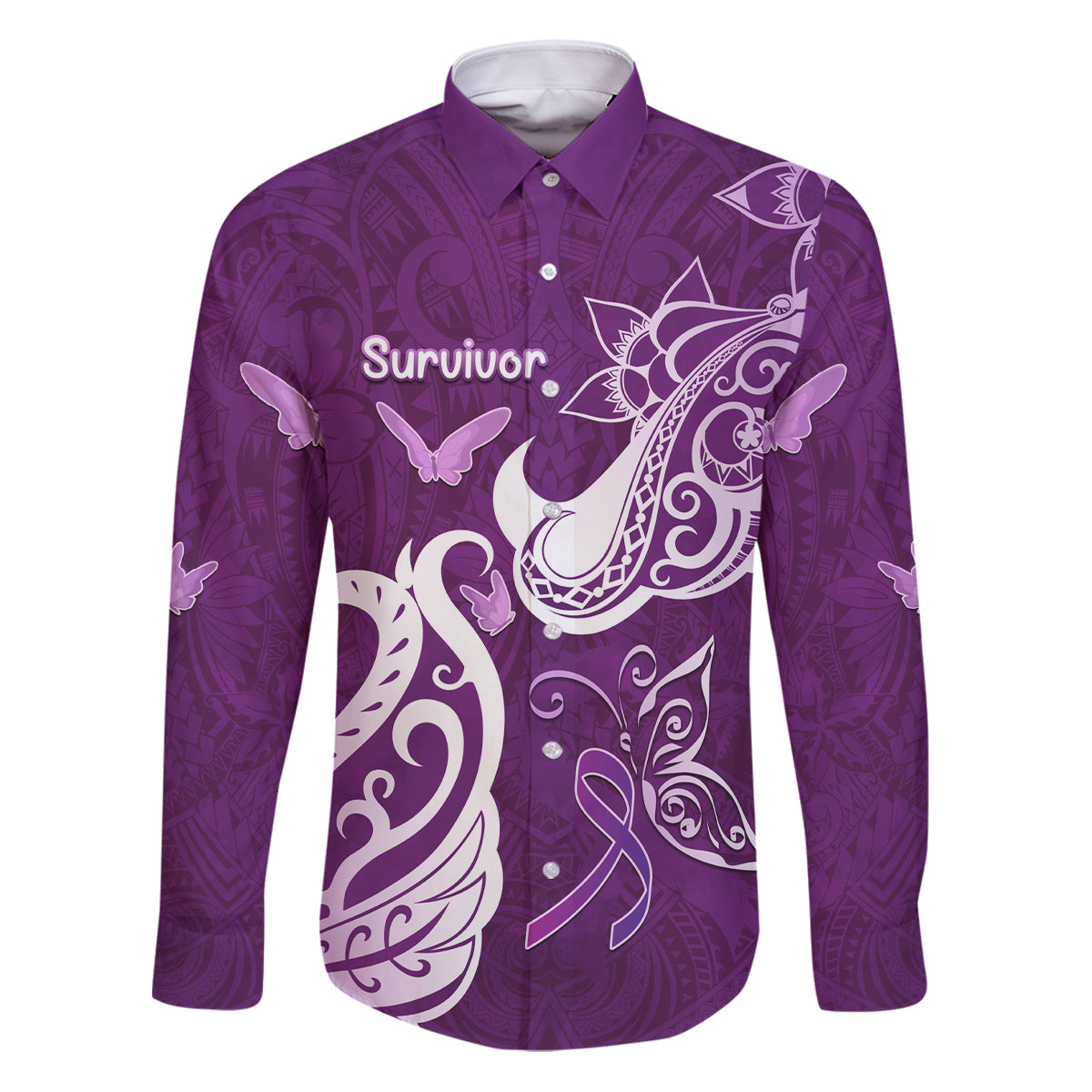 Personalised Fibromyalgia Awareness Family Matching Puletasi and Hawaiian Shirt Polynesian Purple Ribbon LT05 Dad's Shirt - Long Sleeve Purple - Polynesian Pride