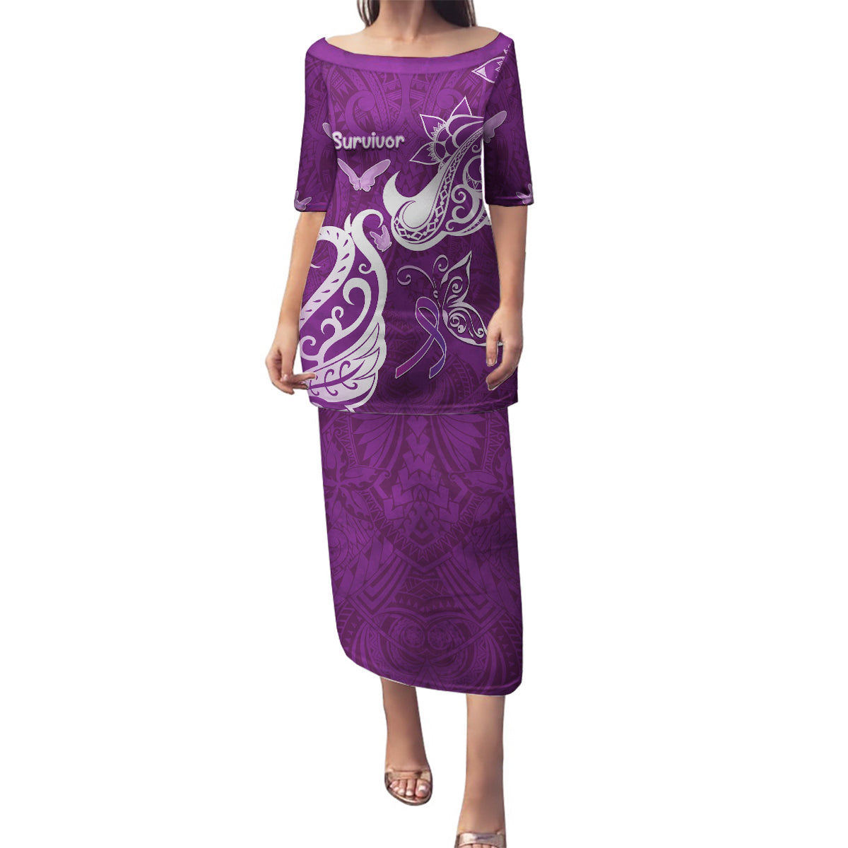 Personalised Fibromyalgia Awareness Family Matching Puletasi and Hawaiian Shirt Polynesian Purple Ribbon LT05 Mom's Dress Purple - Polynesian Pride
