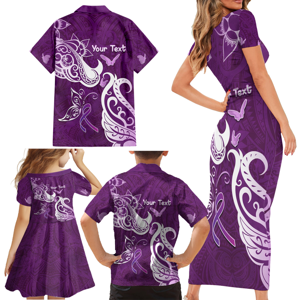 Personalised Fibromyalgia Awareness Family Matching Short Sleeve Bodycon Dress and Hawaiian Shirt Polynesian Purple Ribbon LT05 - Polynesian Pride