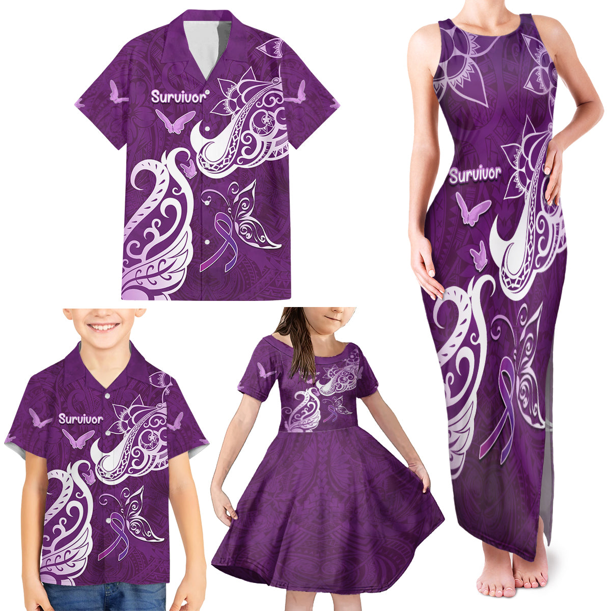 Personalised Fibromyalgia Awareness Family Matching Tank Maxi Dress and Hawaiian Shirt Polynesian Purple Ribbon LT05 - Polynesian Pride