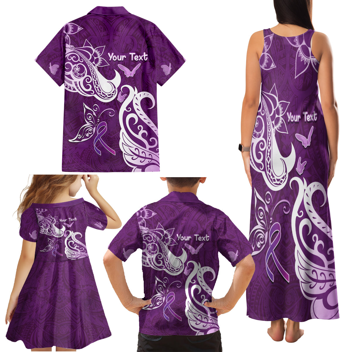 Personalised Fibromyalgia Awareness Family Matching Tank Maxi Dress and Hawaiian Shirt Polynesian Purple Ribbon LT05 - Polynesian Pride