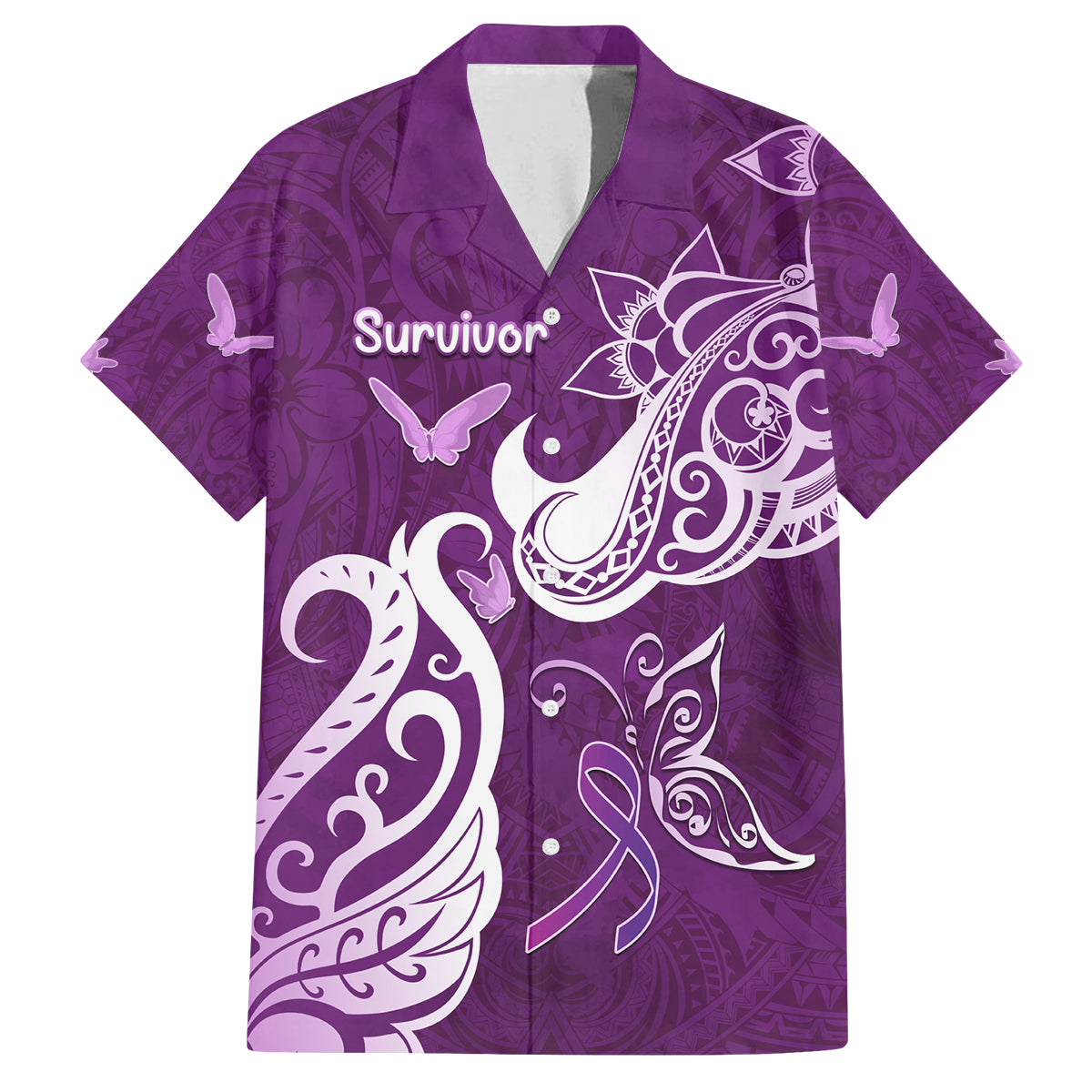 Personalised Fibromyalgia Awareness Family Matching Tank Maxi Dress and Hawaiian Shirt Polynesian Purple Ribbon LT05 Dad's Shirt - Short Sleeve Purple - Polynesian Pride