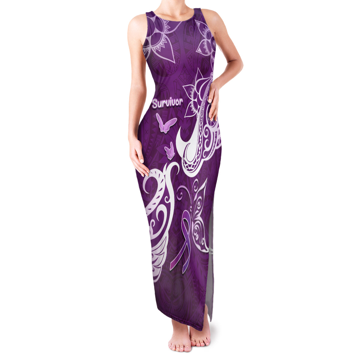 Personalised Fibromyalgia Awareness Family Matching Tank Maxi Dress and Hawaiian Shirt Polynesian Purple Ribbon LT05 Mom's Dress Purple - Polynesian Pride