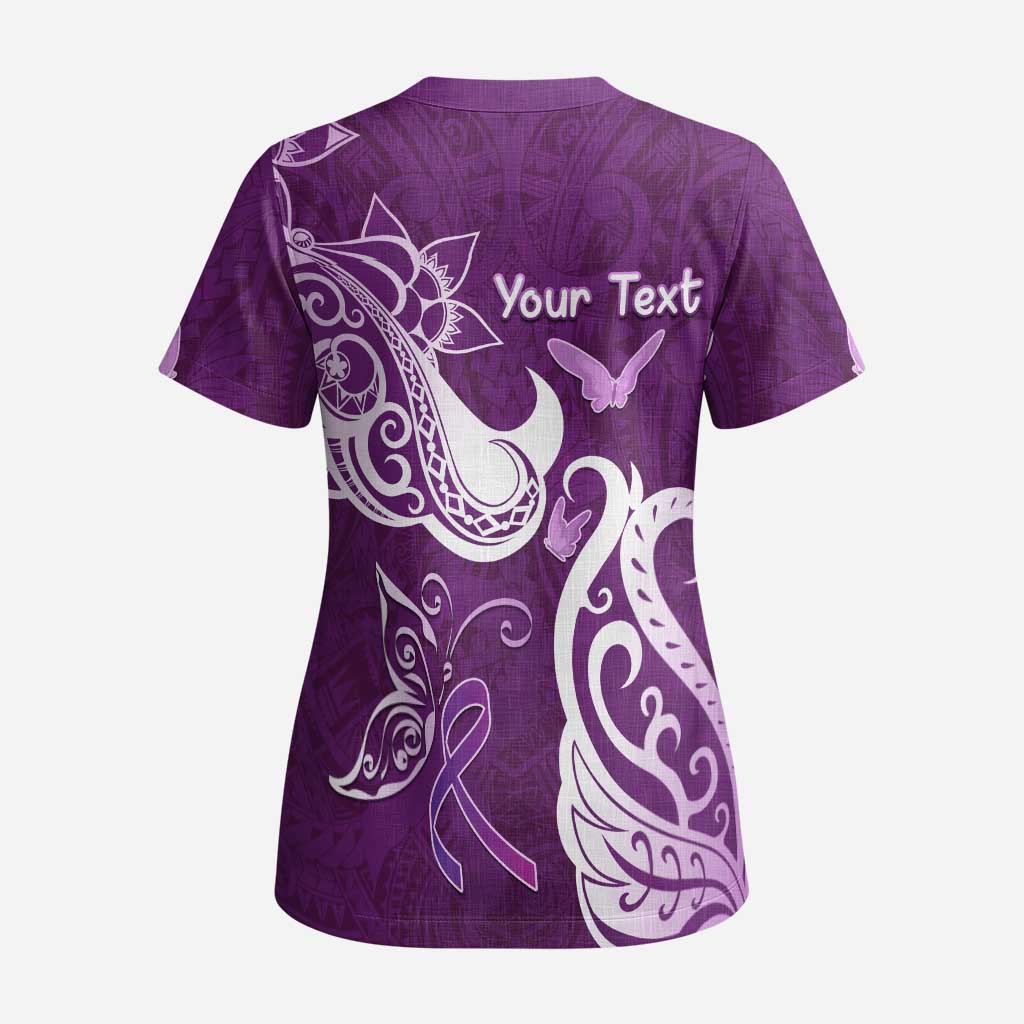 Personalised Fibromyalgia Awareness Scrub Top Polynesian Purple Ribbon LT05 - Polynesian Pride