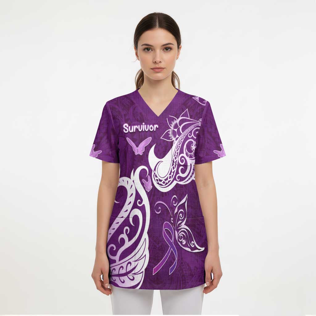 Personalised Fibromyalgia Awareness Scrub Top Polynesian Purple Ribbon LT05 - Polynesian Pride