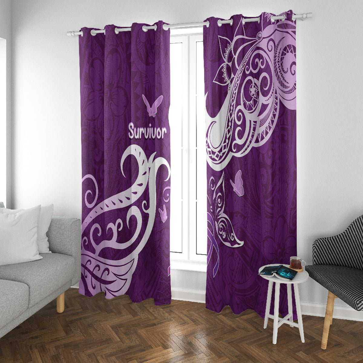 Fibromyalgia Awareness Window Curtain Polynesian Purple Ribbon