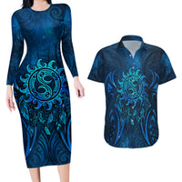 New Zealand Dream Catcher Couples Matching Long Sleeve Bodycon Dress and Hawaiian Shirt Maori Koru Pattern Blue Version LT05 Blue - Polynesian Pride