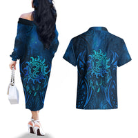 New Zealand Dream Catcher Couples Matching Off The Shoulder Long Sleeve Dress and Hawaiian Shirt Maori Koru Pattern Blue Version LT05 - Polynesian Pride