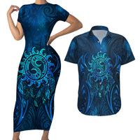New Zealand Dream Catcher Couples Matching Short Sleeve Bodycon Dress and Hawaiian Shirt Maori Koru Pattern Blue Version LT05 Blue - Polynesian Pride