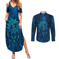 New Zealand Dream Catcher Couples Matching Summer Maxi Dress and Long Sleeve Button Shirt Maori Koru Pattern Blue Version