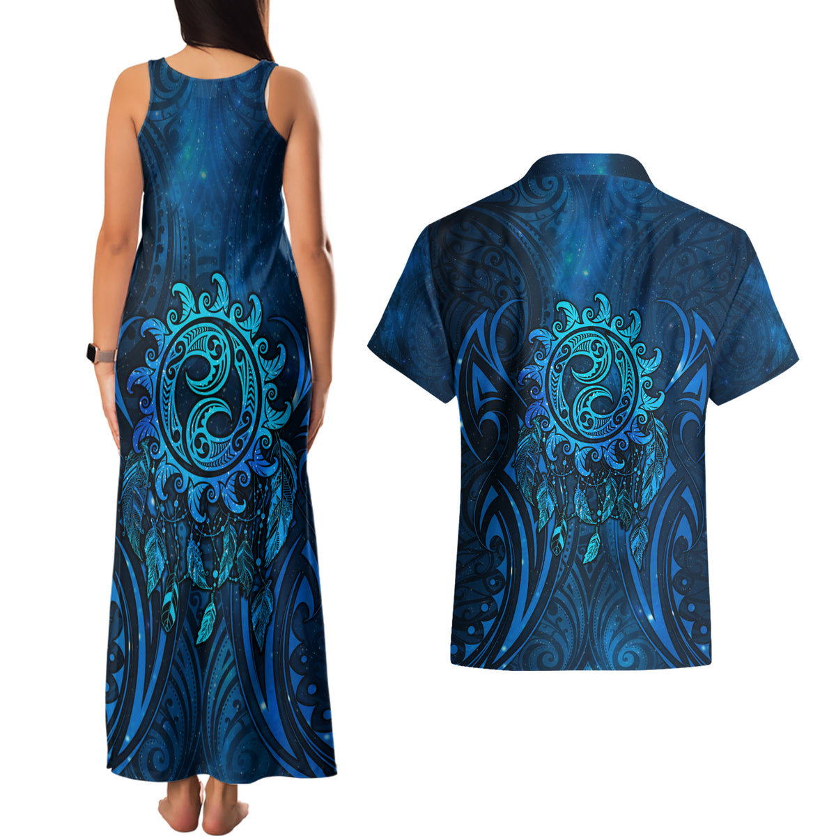 New Zealand Dream Catcher Couples Matching Tank Maxi Dress and Hawaiian Shirt Maori Koru Pattern Blue Version LT05 - Polynesian Pride
